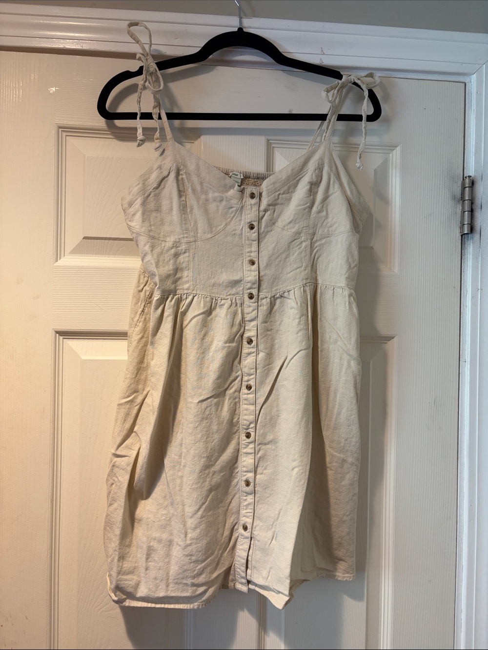 aerie Linen Blend Button-Front Tie-Shoulder Mini Dress in Cream L